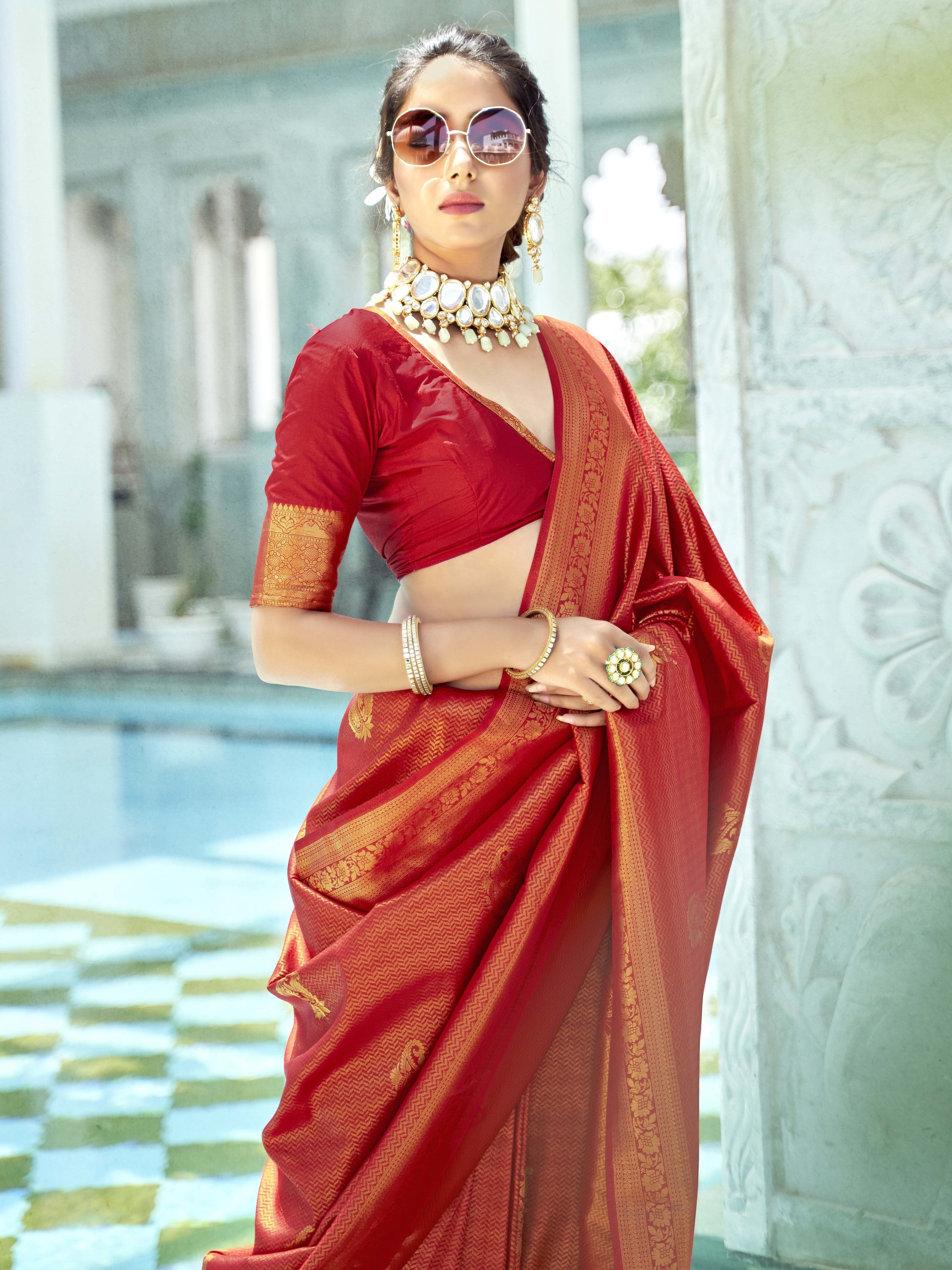 Dark Red Gold Sari Saree, Red Saree, Dark red Sari, net Saree, Ready Made  saree | eBay